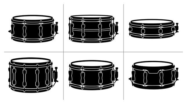 Snare drum silhouettes set with different drum designs for music and rhythm themes