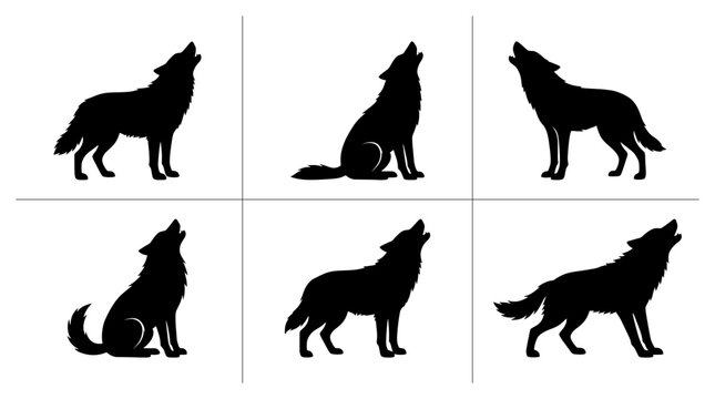 Wolf silhouettes set with howling and standing poses for wildlife logo and print