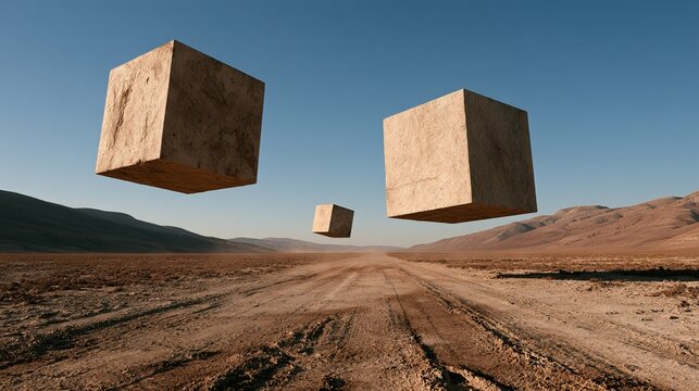 Floating stone cubes suspended above desert landscape, representing abstract business concept and innovative future solutions