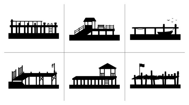 Pier silhouettes set with various dock structures, boat and beach elements for travel and leisure logos