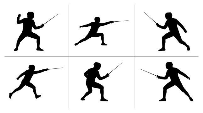 Fencer silhouettes set with figures in various poses, sport and competition for logo or signage