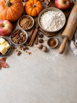 Autumn Baking Ingredients with Pumpkins Apples Nuts and Rustic Rolling Pin