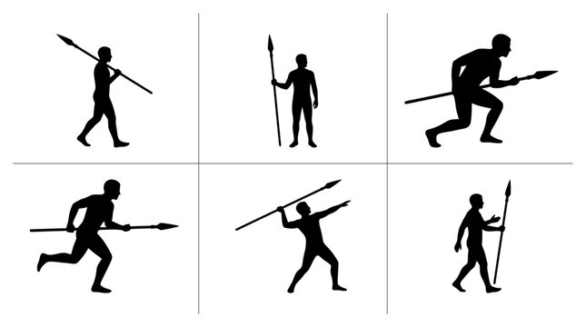 Hunter silhouettes set with figures carrying spears for hunting, sport or logo