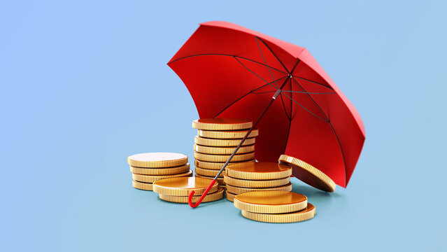 Red umbrella protecting gold coin stack. 3D illustration