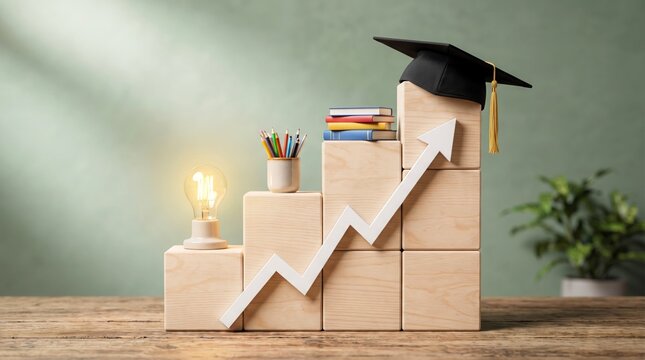 Wooden blocks forming ascending steps with glowing light bulb, colorful pencils, textbooks, and graduation cap representing academic success