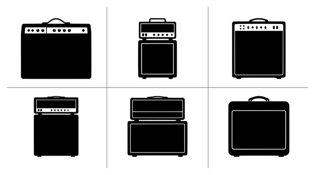 Guitar amplifier silhouettes set with various combo and head units for music or technology logos