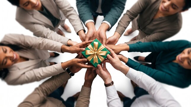 Joyful diverse team sharing a green and gold gift box with high contrast and clean edges on white background