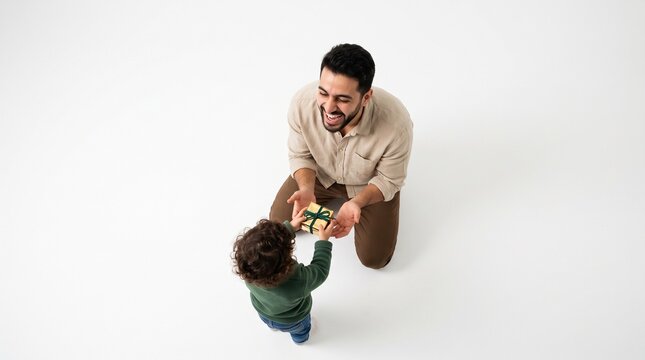 Joyful Father Receives Gift from Child, Green Red Gold Palette, Isolated White Background, Copy Space