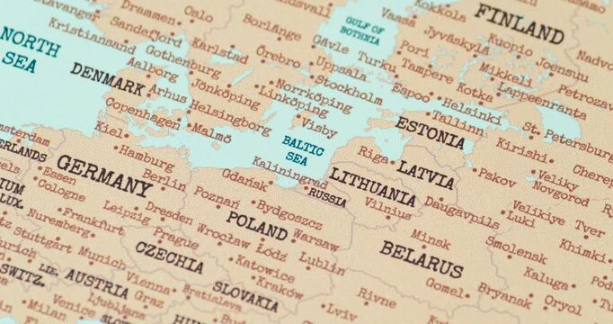 zoom in of the baltic sea region on a vintage political world map