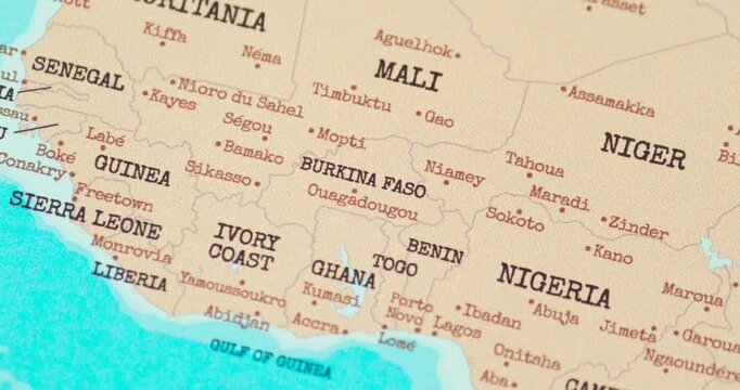 Zoom in view of burkina faso on a vintage political world map