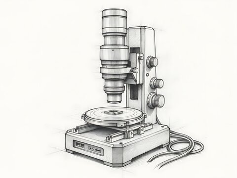 Vintage microscope on a turntable with control knobs