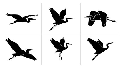 Fototapeta premium Heron silhouettes set with birds in flight, wildlife and nature for logos and signage