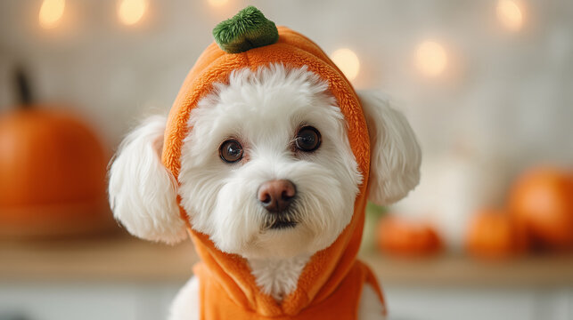 Adorable small white dog wearing a pumpkin costume for Halloween, photographed in a warm autumn setting with pumpkins and soft festive bokeh lights.