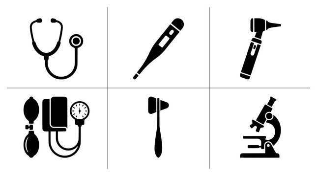 Medical diagnostic tools silhouettes set with stethoscope, thermometer, otoscope, blood pressure monitor, reflex hammer and microscope for science