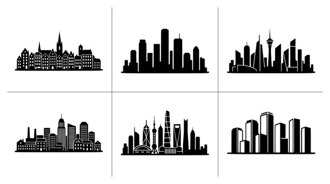 City skylines silhouettes set with diverse architecture, urban landscape for signage and print