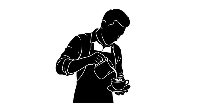 Barista silhouette pouring coffee, male barista making espresso latte art vector, coffee shop server graphic element isolated PNG with Transparent Background