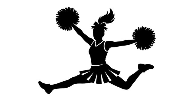 Cheerleader Silhouette Jumping in Toe Touch Pose with Pompoms, Dynamic Cheerleading Athlete Graphic Illustration isolated PNG with Transparent Background