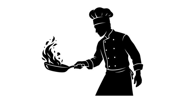 Chef silhouette cooking with frying pan and flame, professional cook in toque hat vector, restaurant branding logo icon isolated PNG with Transparent Background