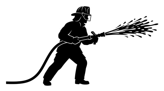 Firefighter silhouette holding fire hose spraying water vector, emergency responder hero graphic symbol, firefighting emblem isolated PNG with Transparent Background