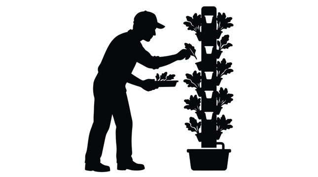 Black silhouette of a farmer harvesting fresh green plants from vertical hydroponic tower garden