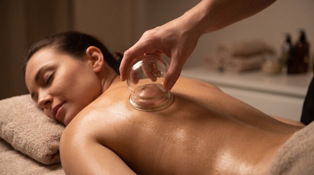 Woman receiving glass cupping therapy on back in spa setting with copy space