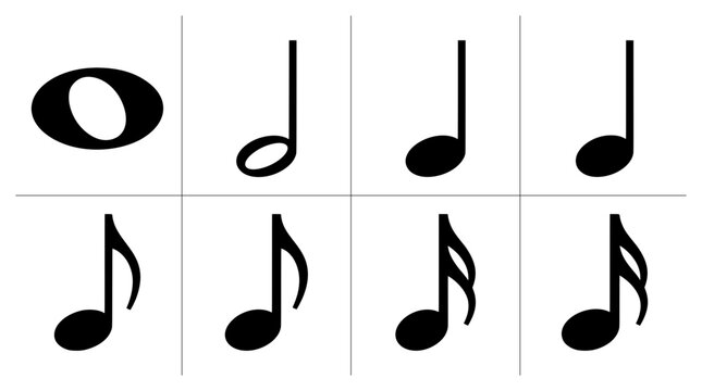 Musical note silhouettes set with whole, half, quarter, eighth, and sixteenth notes for music design