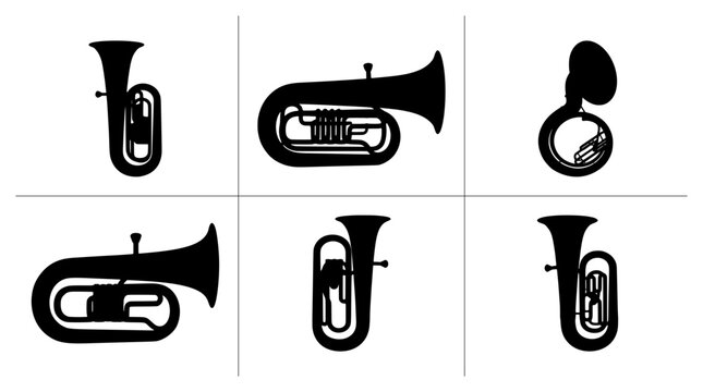 Brass instrument silhouettes set with tubas and sousaphones for music and band design