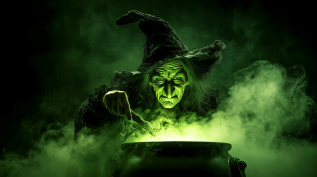 Creepy witch with long nose and hat mixing bubbling green potion in cauldron. Halloween fantasy, Dark magic, Witchcraft ritual