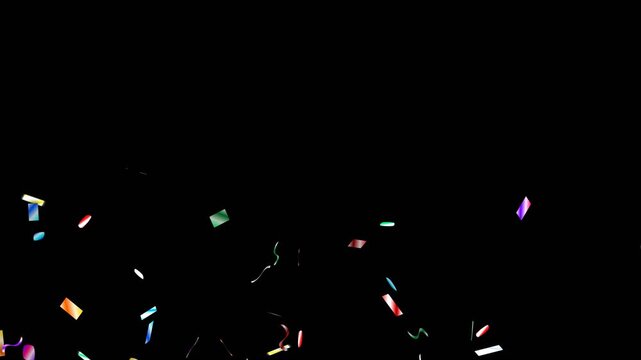 Vibrant holographic rainbow foil confetti triple sequential cannon burst on black background, 10s 4k metallic party stage explosion video overlay for screen blend mode, celebration motion graphic