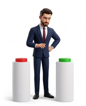 3D businessman mascot hesitating between a giant red and green button
