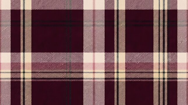 Burgundy and beige plaid pattern seamless textile swatch with classic tartan design