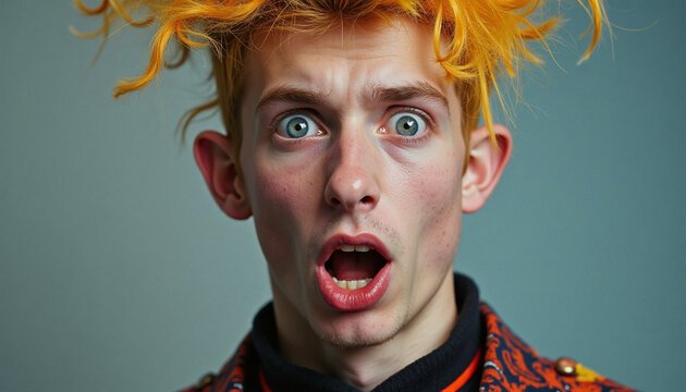 shocked or surprised young man with bright orange hair and wide open eyes expressing surprise