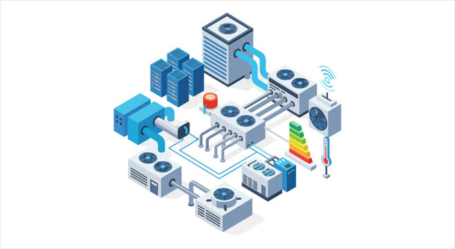 Modern HVAC system components and data center cooling technology.