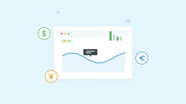 Minimalist financial dashboard with currency icons and line graph