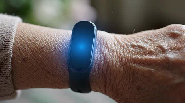 Senior wrist hand skin wrinkle closeup bracelet wearable health band pulse monitor tracker glowing screen fitness device medical alert support