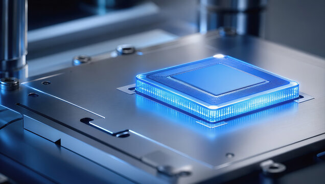 And keywordsBlue illuminated microchip precision semiconductor manufacturing equipment clean industrial laboratory, advanced technology concept