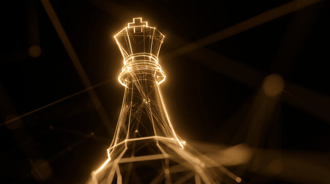 A glowing chess king piece in a digital wireframe style.