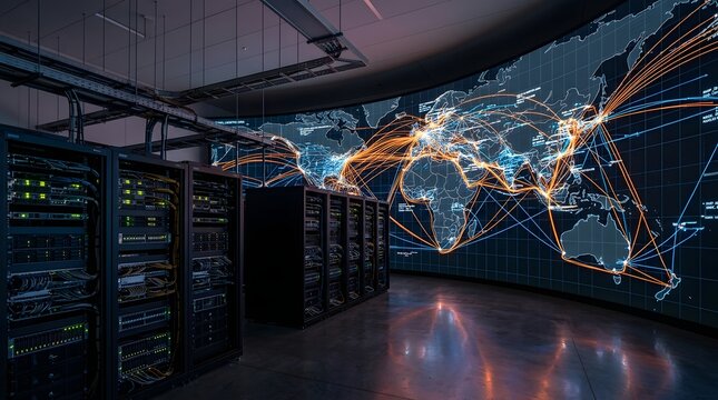 Advanced server room hosting rows of high performance computer racks beneath glowing digital world map showing global network connections