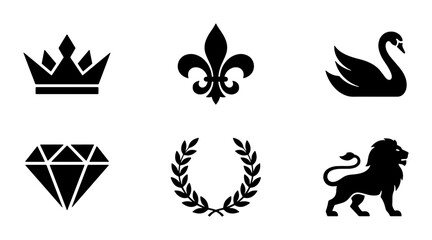 Royal emblems silhouettes set with crown, fleur de lis, swan, diamond, laurel wreath and lion for logo and signage © Jahid