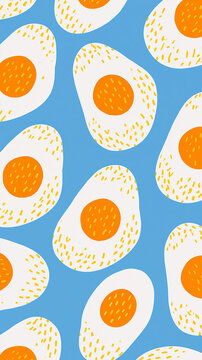 Colorful pattern of fried eggs on a blue background.