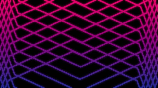 Seamless loop animation of glowing neon grid lines moving in a dark digital space for background use