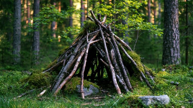 Primitive wooden branch den shelter in lush summer woodland, wilderness survival skills, outdoor adventure header, eco tourism background stock photo.