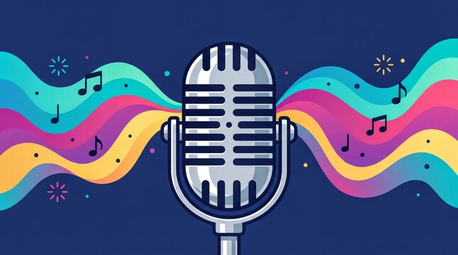 Retro Microphone and Sound Waves, A sleek chrome retro microphone surrounded by vibrant abstract sound waves