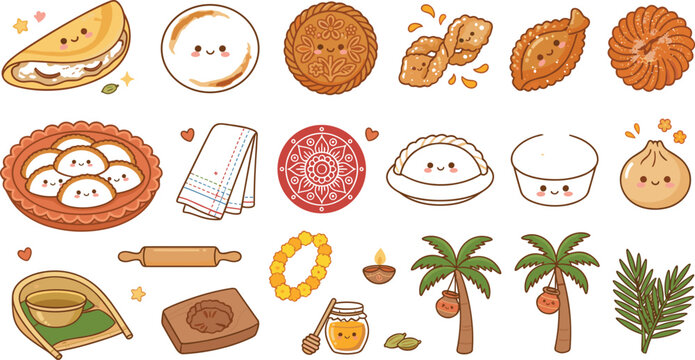 Kawaii Bengali Pithe Rice Cake Vector Set with Traditional Sweets, Dumplings, Date Palm Trees, Honey, Marigold Garland, and Diya for Festival Designs