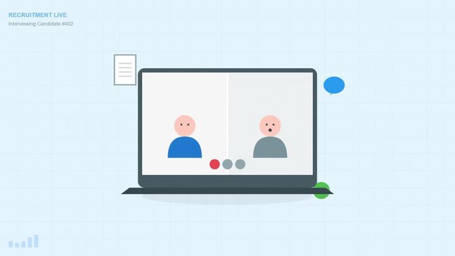 Online recruitment video call on laptop with two digital avatars