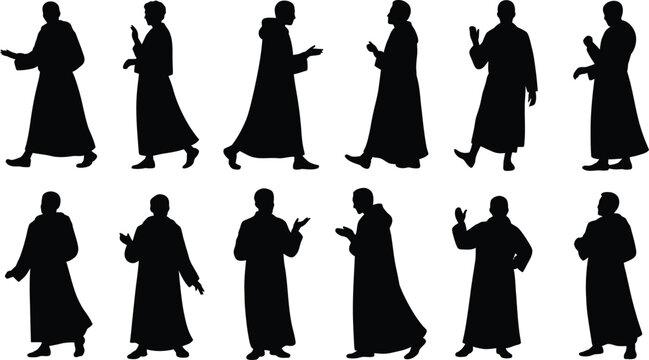 Set of twelve black silhouettes of monks in traditional robes in various standing and walking poses