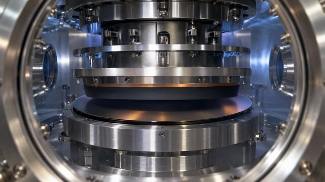 Industrial stainless steel vacuum chamber creates precise plasma glow for semiconductor wafer processing and advanced fabrication equipment