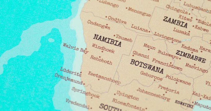 Zoom in view of namibia on a vintage political world map