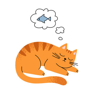 Cute orange cat sleeping and dreaming about fish. Pet illustration.