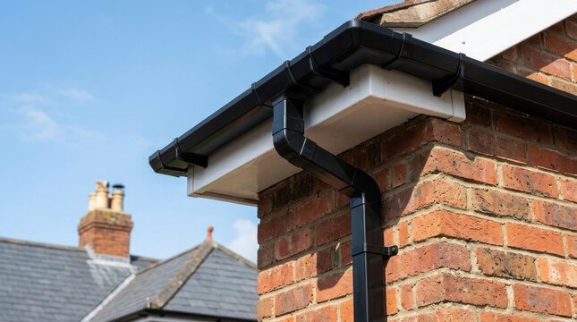 A new black plastic gutter system installed on a traditional brick house. Ideal for residential roofing maintenance.